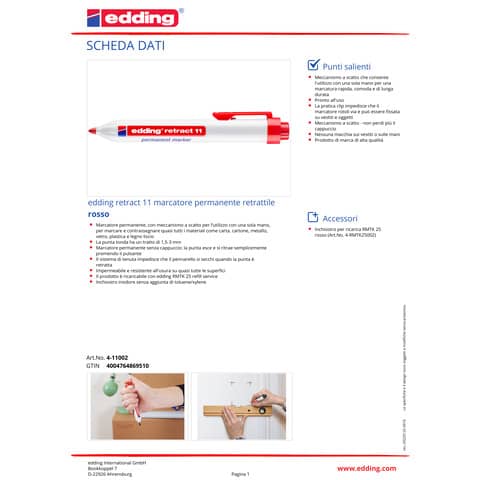 Marcatore permanente edding Retract 11 punta conica 1,5-3 mm rosso E-11 002